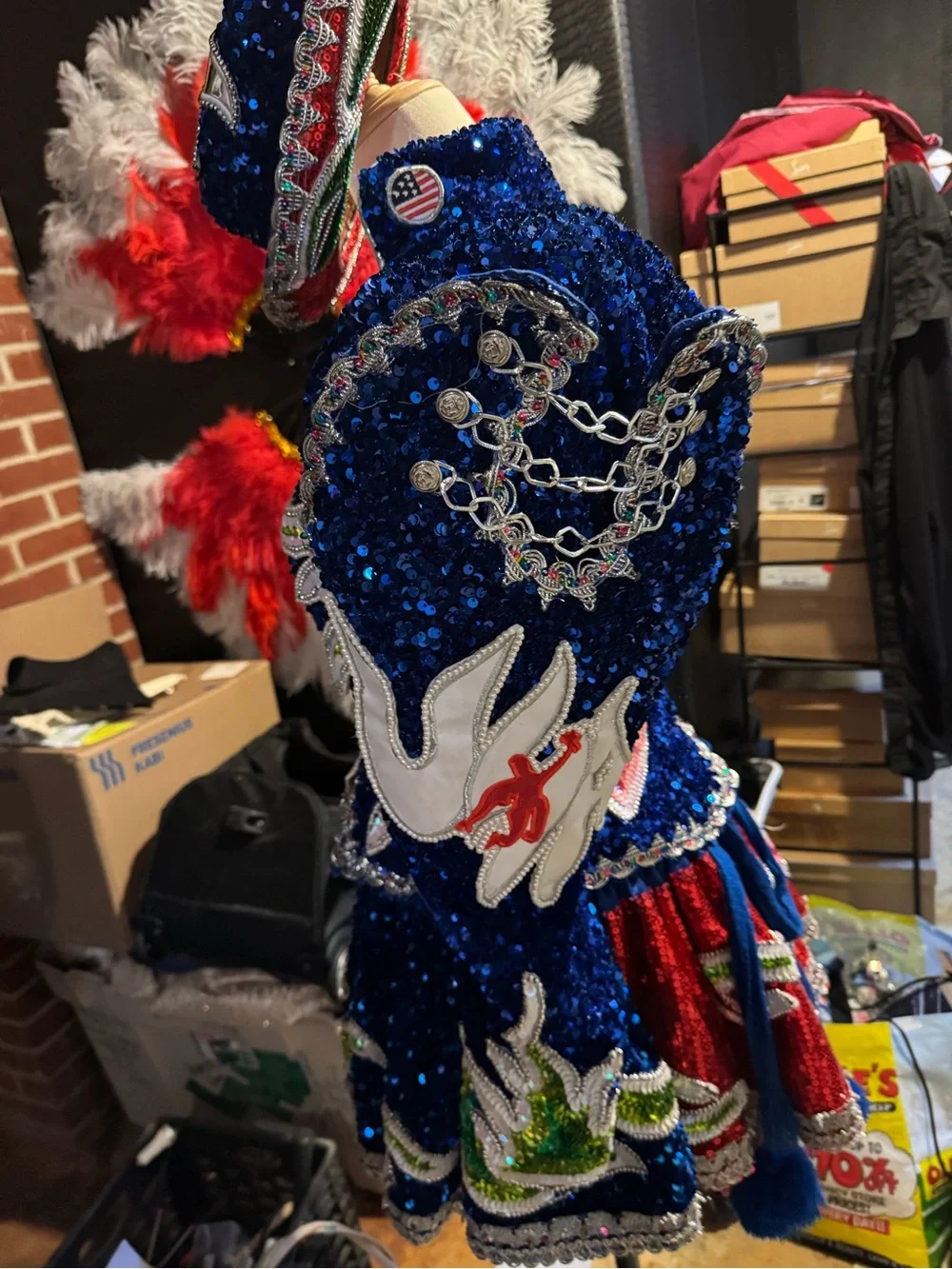 Blue & Red Sequin Costume with Embroidered Dragons